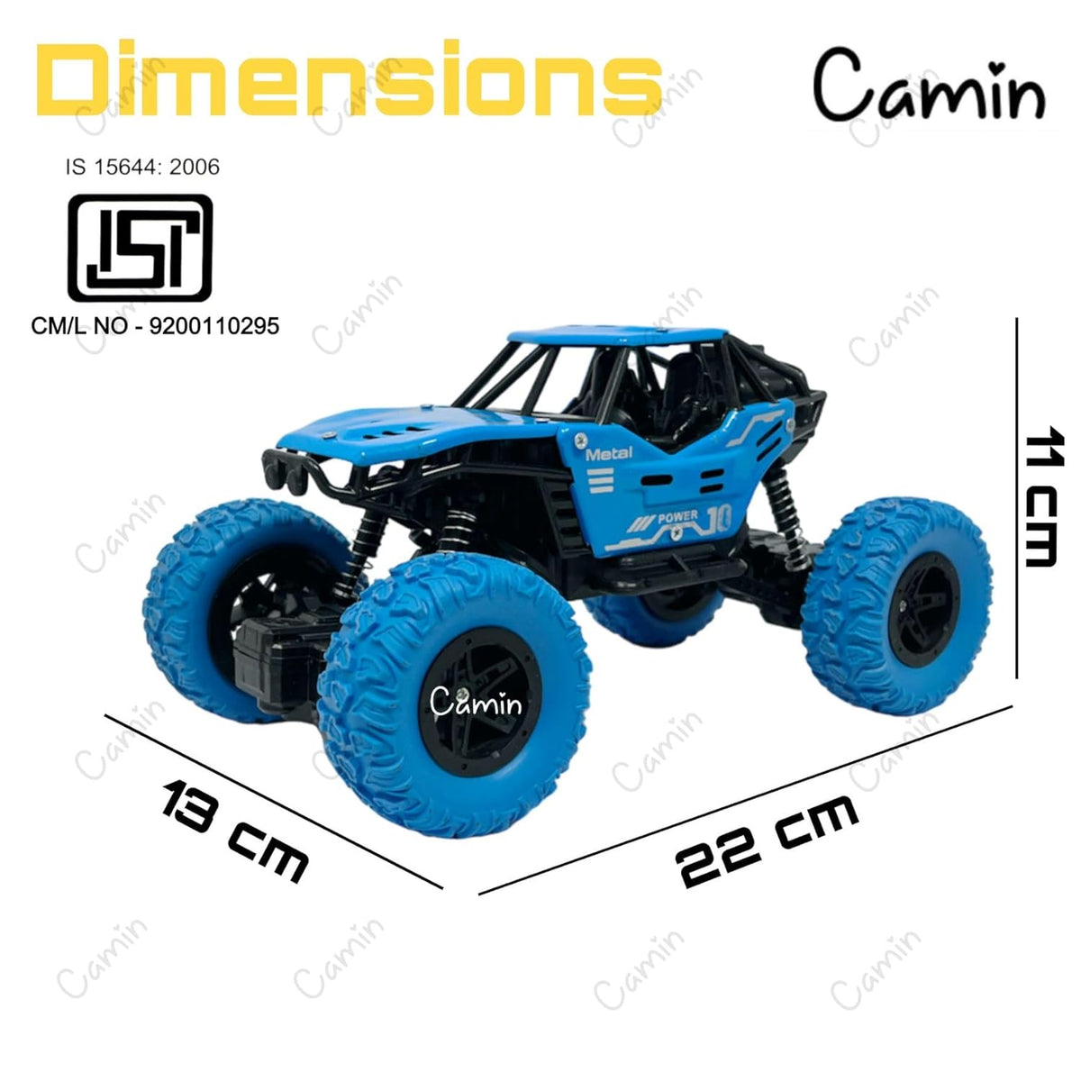 Blue toy off-road vehicle with dimensions labeled on a white background