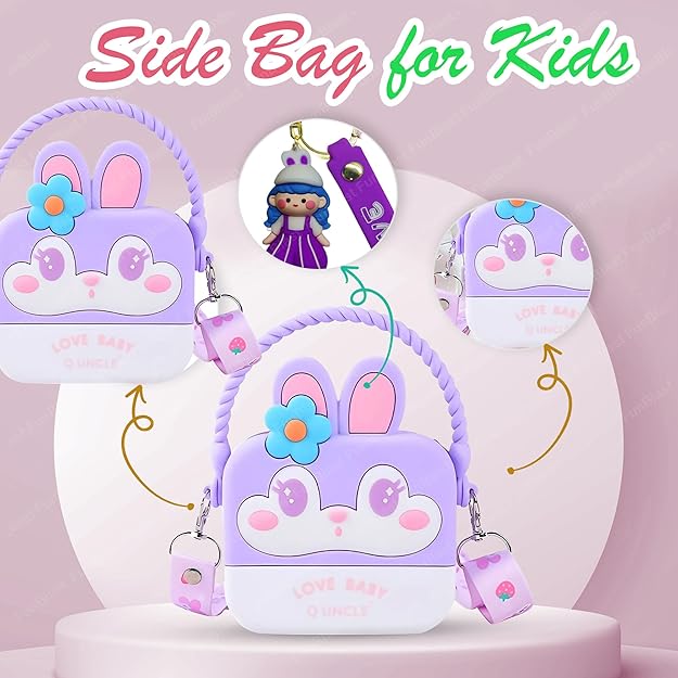 Cute purple side bag for kids with bunny ears and flower design on a pink background.