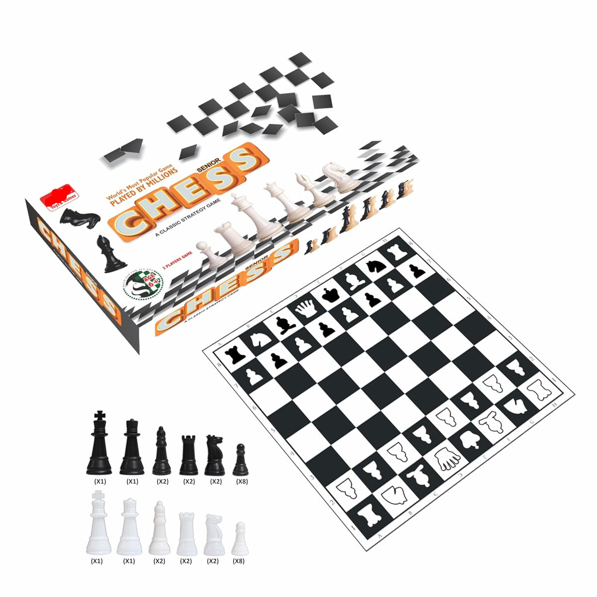 Chess set with pieces and board on a white background