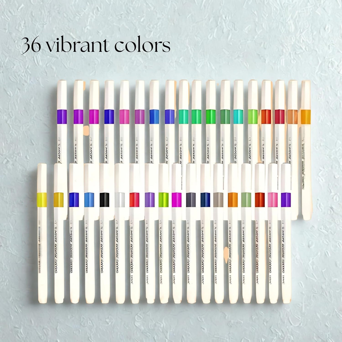 Set of 36 colored markers with color swatches on a light gray background