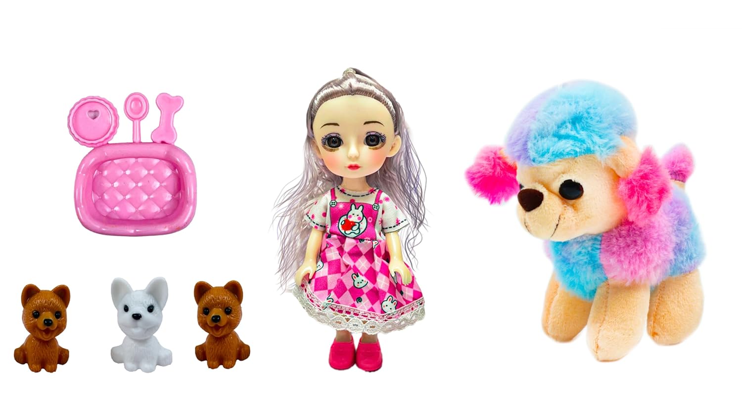 Doll with accessories including a pink phone, small dogs, and a colorful poodle on a white background