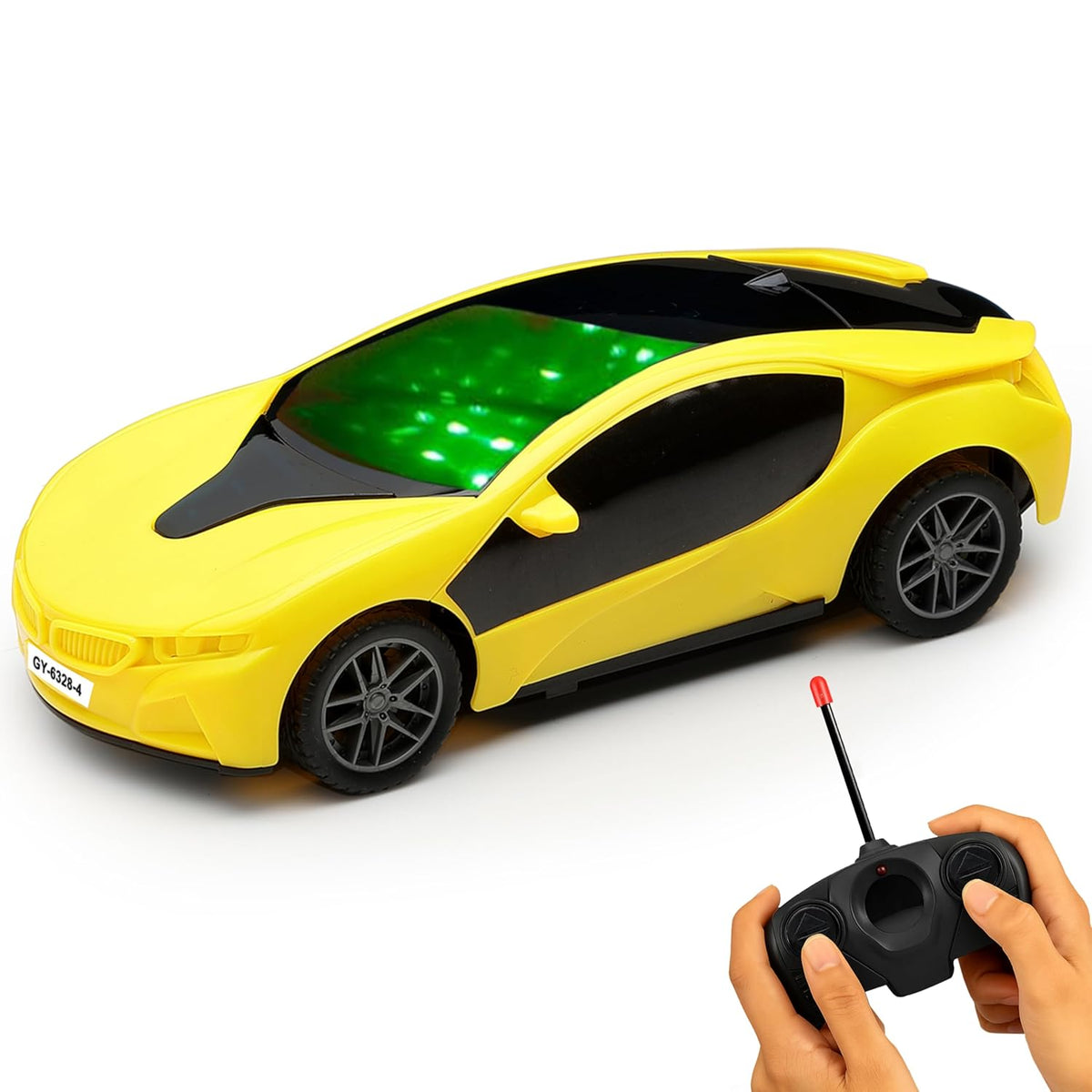 Yellow toy car with green interior and remote control on a white background