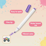 White marker with purple cap on a colorful background with text describing features