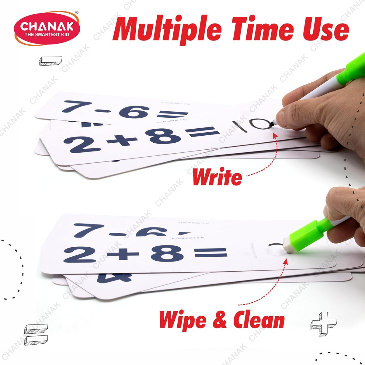 Mathematical flashcards with a hand using a green marker, featuring the brand 'CHANAK'.