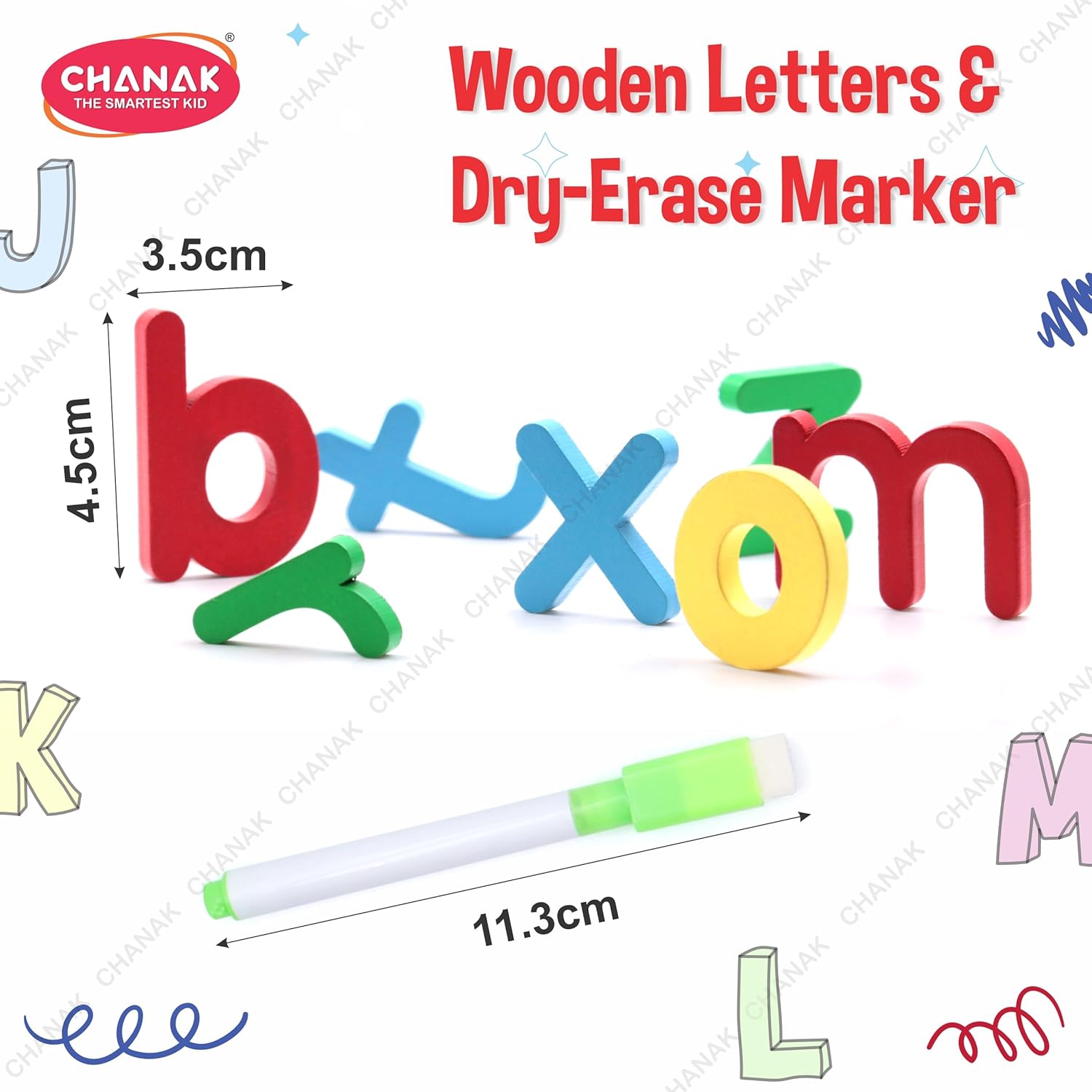 Colorful wooden letters and a dry-erase marker with measurements on a white background, featuring the Chanak brand.