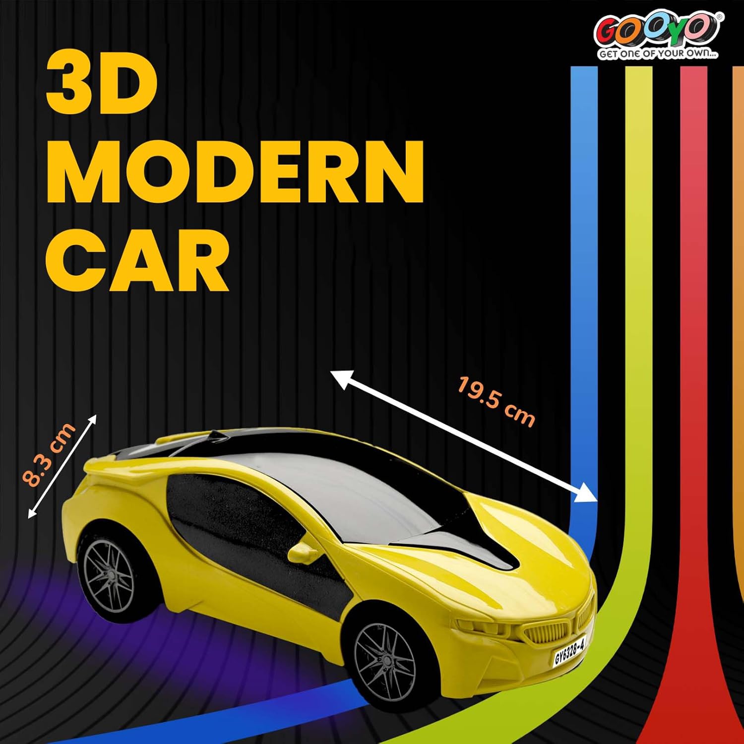 Yellow 3D modern car model with dimensions on a colorful background