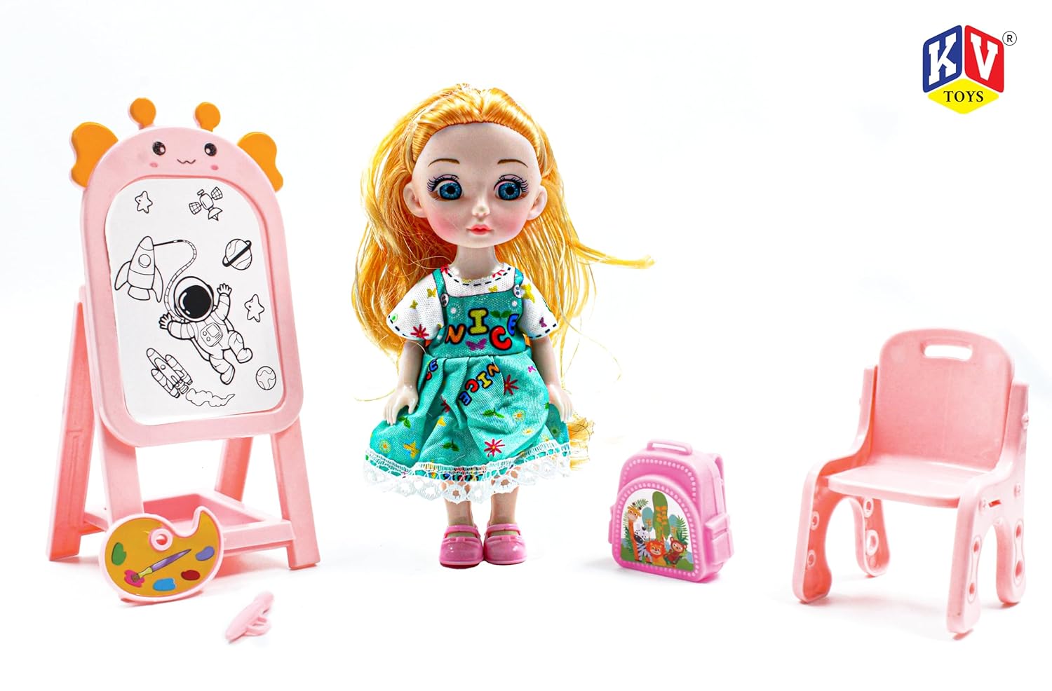 Toy doll with blonde hair, blue eyes, and a green dress, standing next to a pink chair, art easel, and backpack on a white background. KFV Toys logo visible.