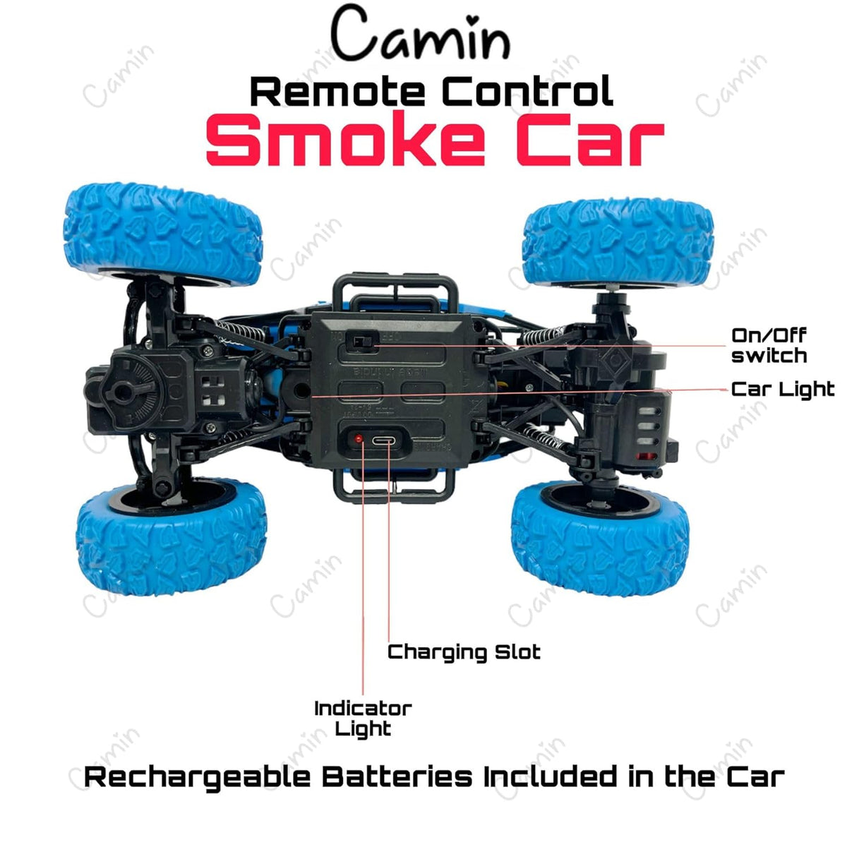 Remote control smoke car with blue wheels and features labeled on a white background