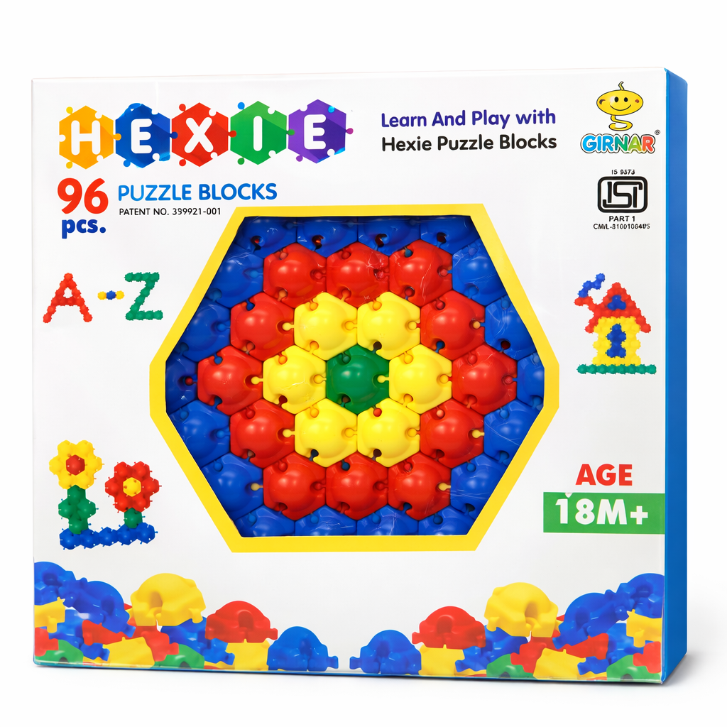 Hexie puzzle blocks packaging with colorful design and text on a white background