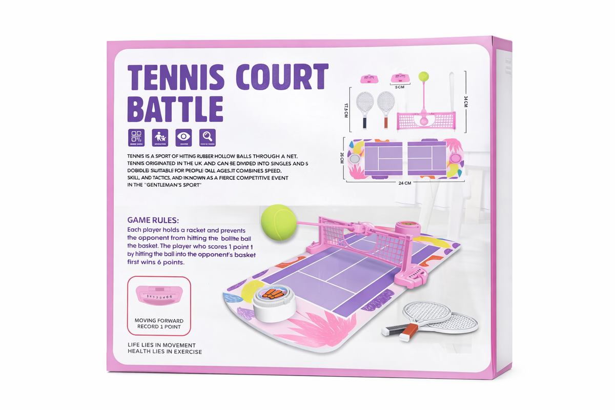 Box of 'Tennis Court Battle' game with racket and ball illustration on a white background