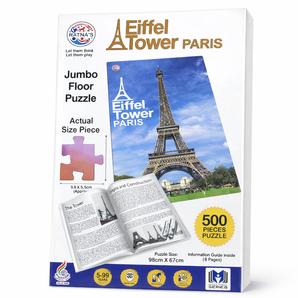 Eiffel Tower-themed jumbo floor puzzle packaging with Eiffel Tower image and text on a white background