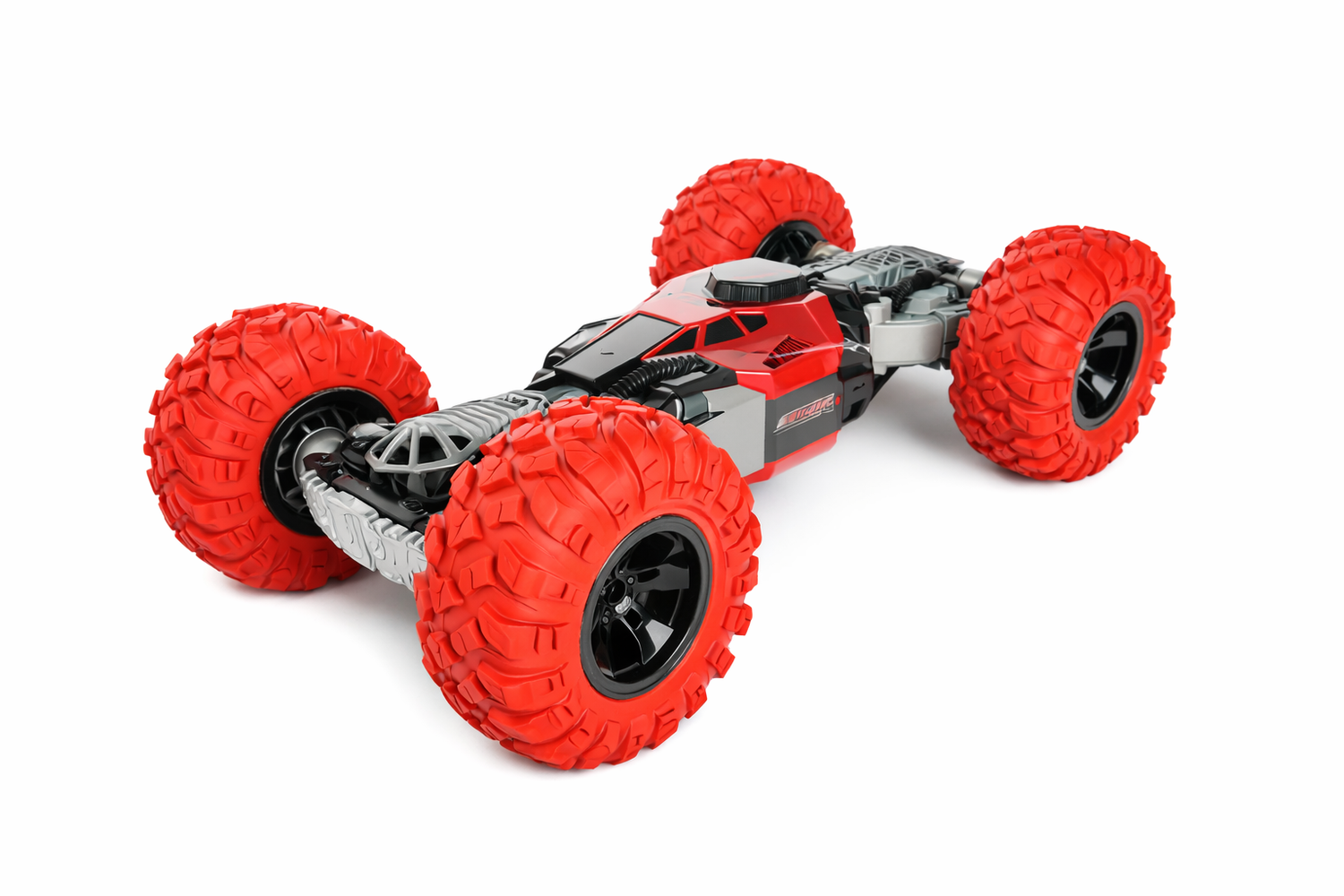 Toy car with red wheels on a white background