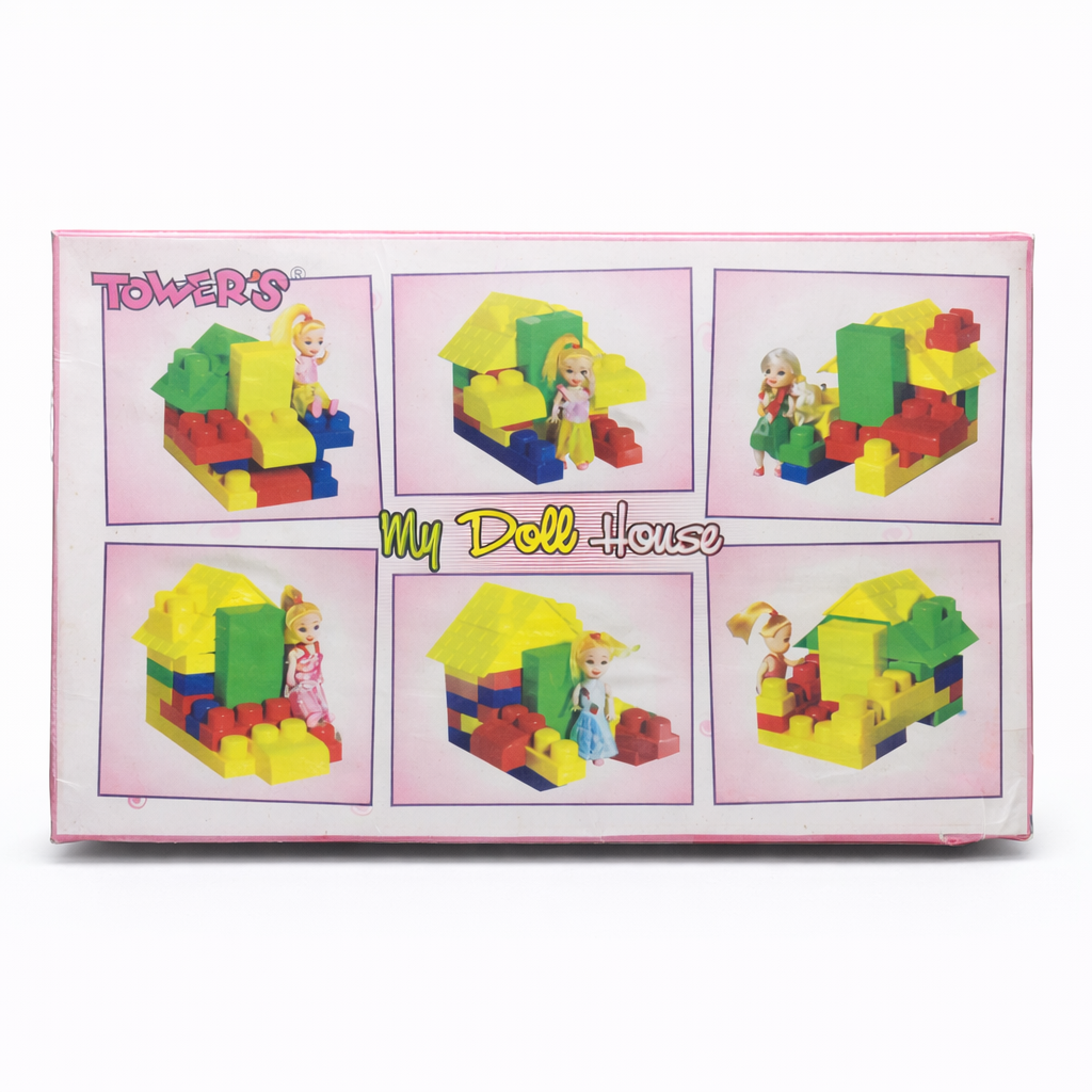 Box of colorful building blocks with dolls, labeled 'My Doll House Towers'.