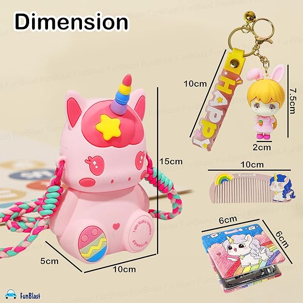 Pink unicorn toy with measurements on a beige background