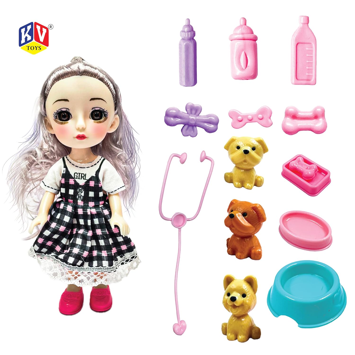 Toy doll with pet accessories on a white background