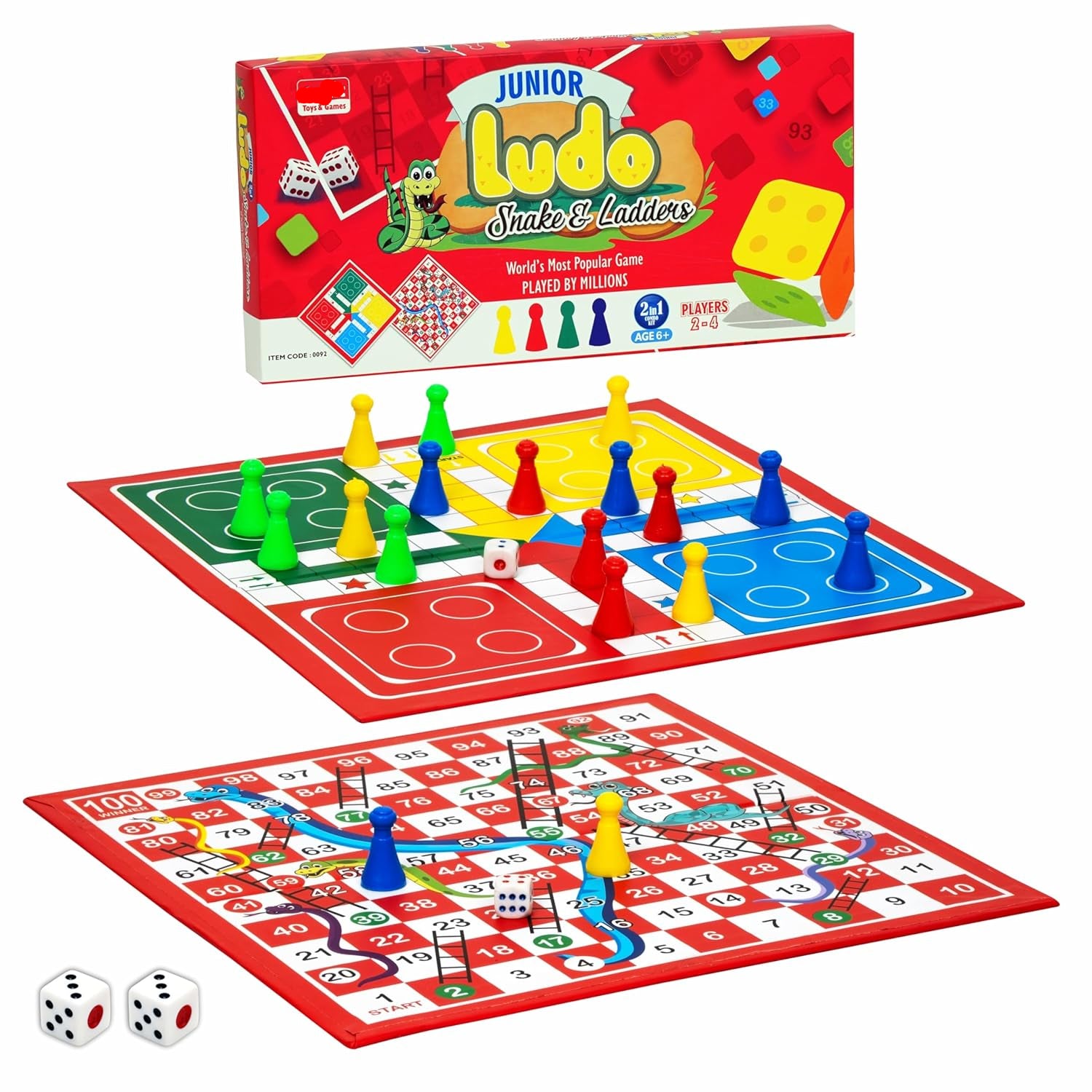 Board game set with 'Junior Ludo' and 'Snake & Ladders' boards, pieces, and dice on a white background.