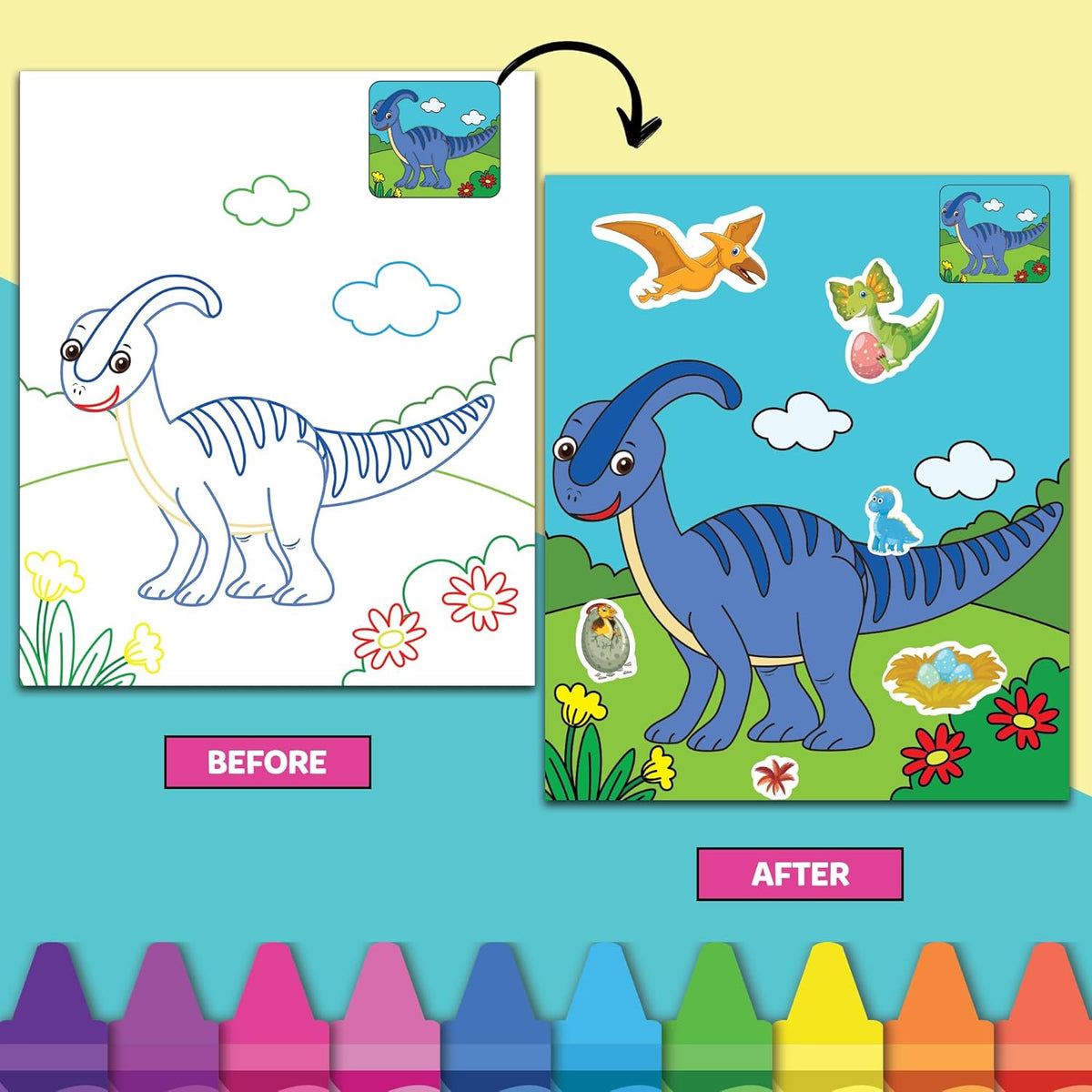 Before and after comparison of a dinosaur coloring page with crayon illustrations.