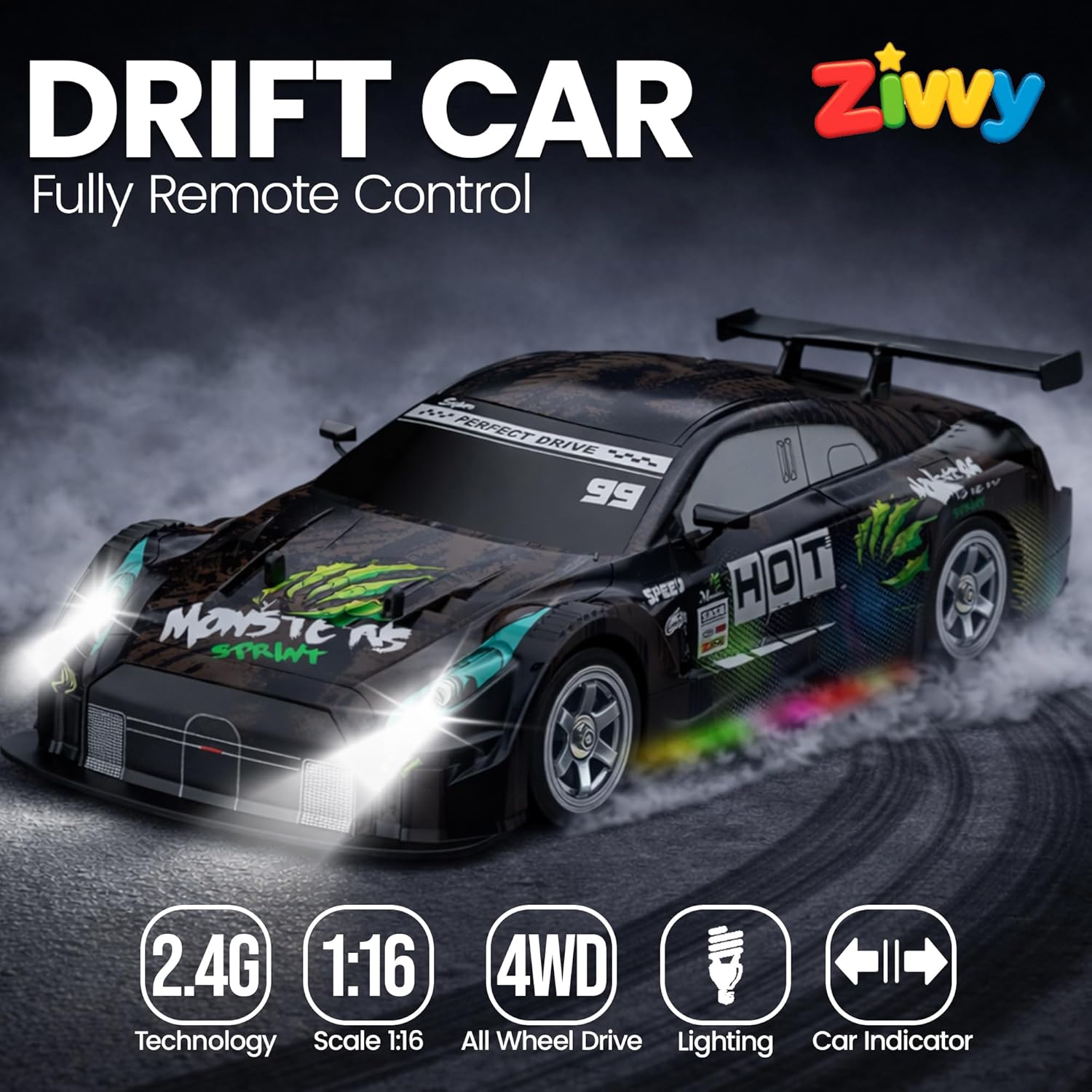 Fully remote control drift car with Ziwvy branding on a dark background