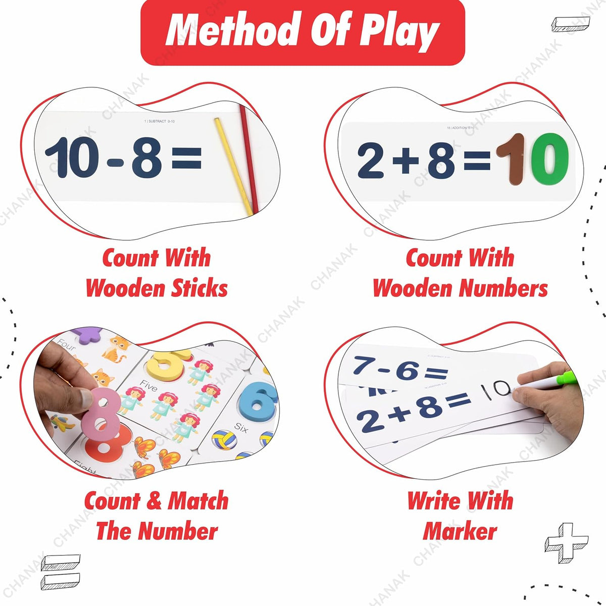 Educational materials for learning numbers with various methods on a white background.