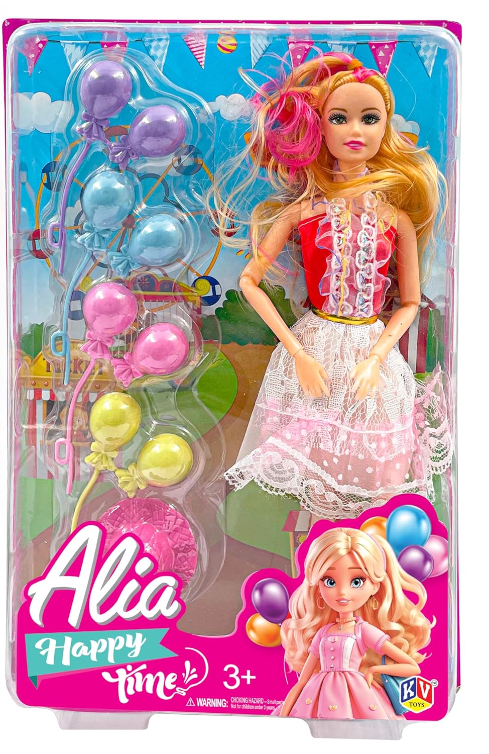 Toy doll in packaging with colorful balloons and 'Alia Happy Time' branding.