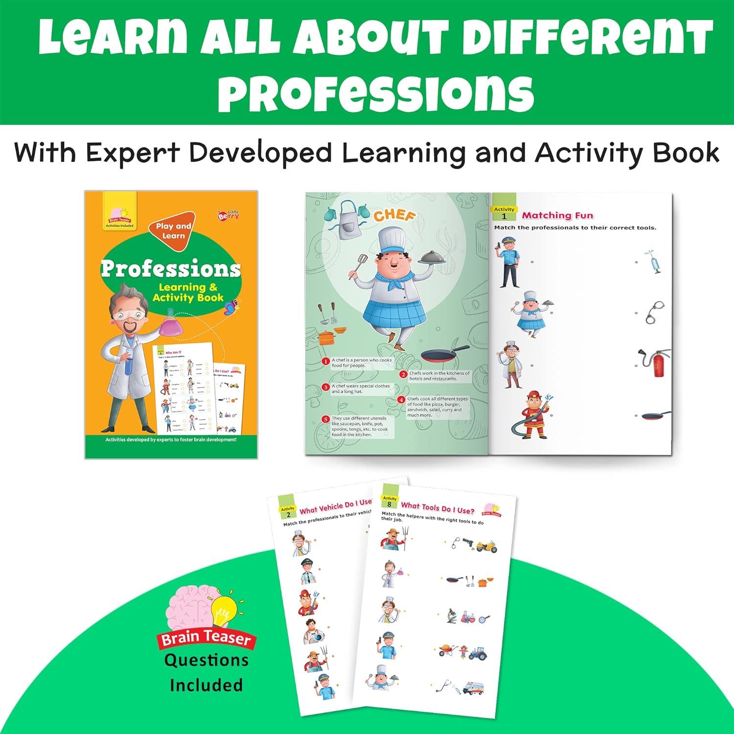 Children's book and activity sheets about professions on a green background