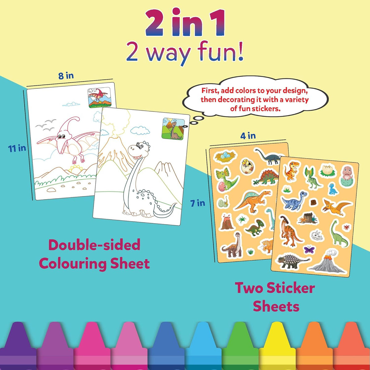 Coloring and sticker book with dinosaur theme, featuring a double-sided coloring sheet and two sticker sheets.