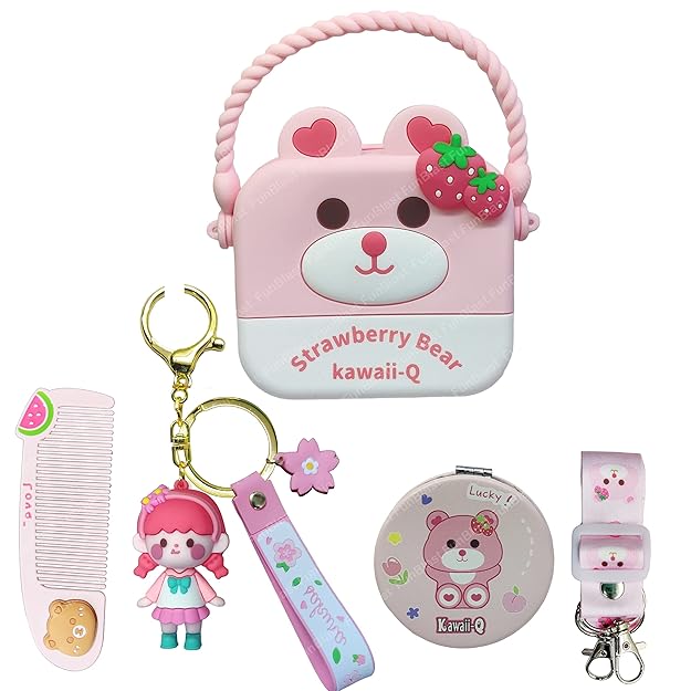 Set of Strawberry Bear kawaii-Q products including a case, comb, keychain, and pouch on a white background.