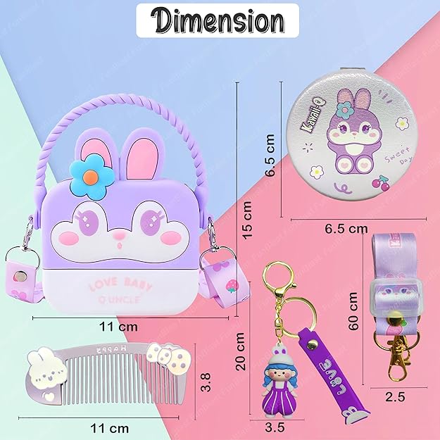 Set of cartoon-themed items with dimensions on a colorful background