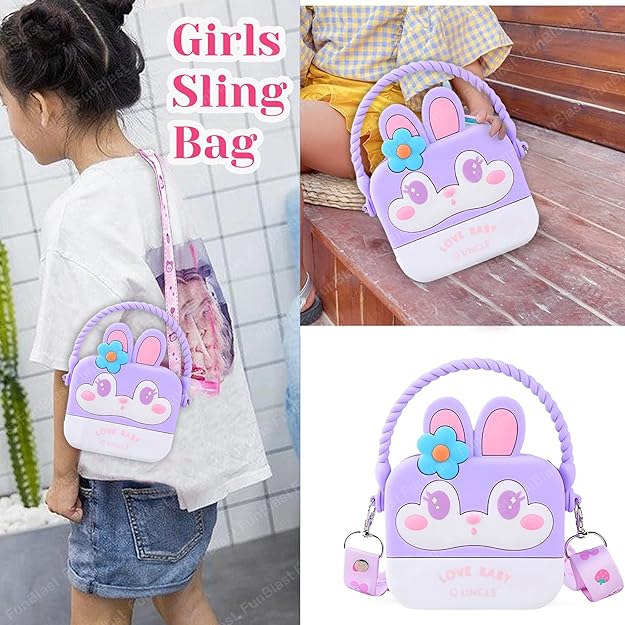 Collage of a girl wearing a purple sling bag with bunny ears and a flower, sitting on a bench.