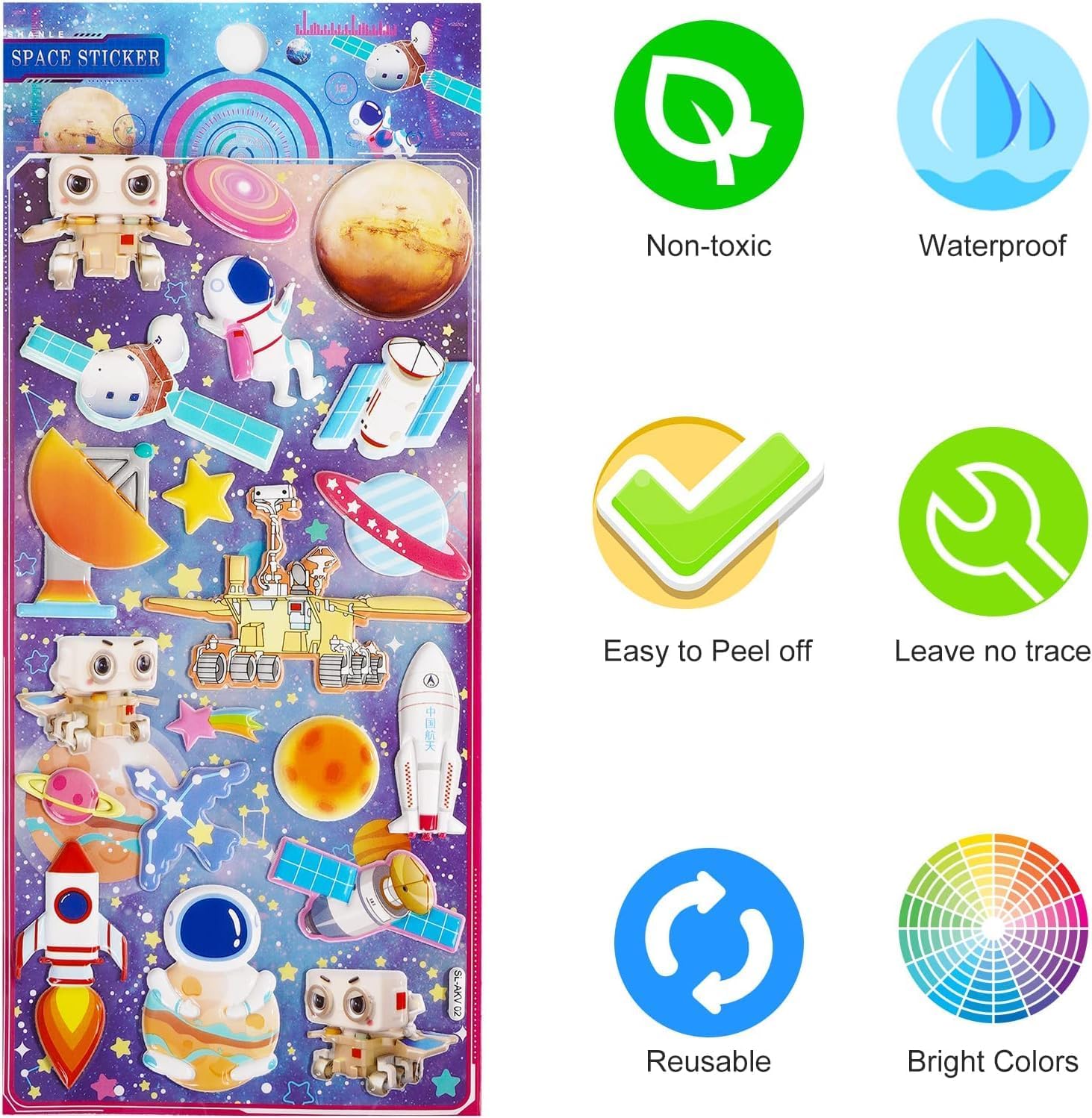 Space-themed sticker sheet with astronaut, robot, and planet designs, alongside product features on a white background.