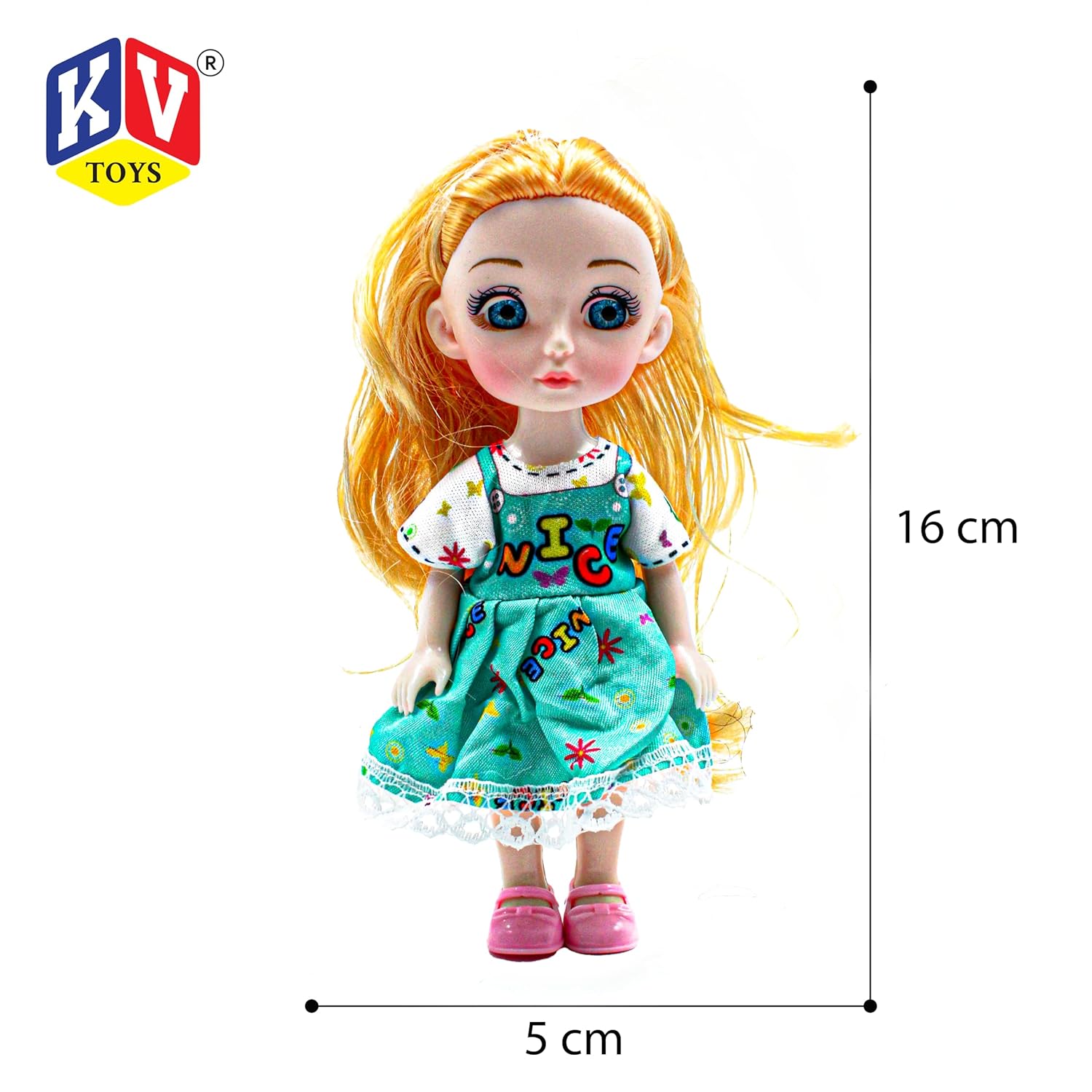 Toy doll with a colorful dress and measurements on a white background, featuring the KV Toys logo.