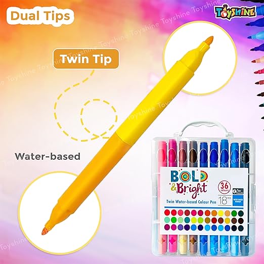Yellow dual-tip marker with a set of 36 Bold & Bright markers on a colorful background