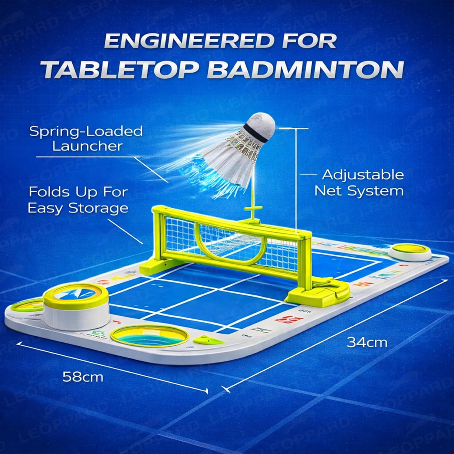 Tabletop badminton game with features highlighted on a blue background