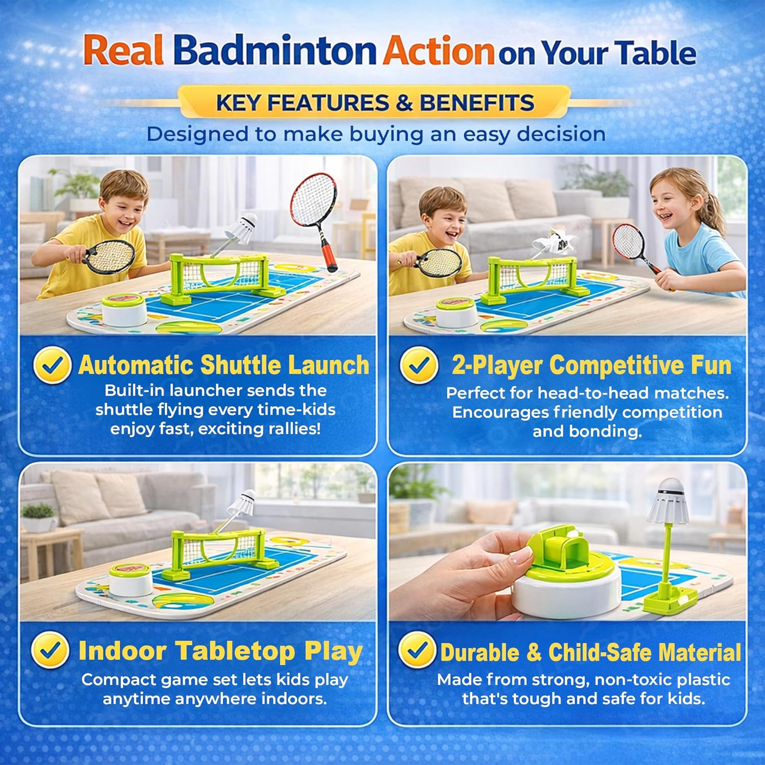 Tabletop badminton game with features and benefits highlighted on a blue background