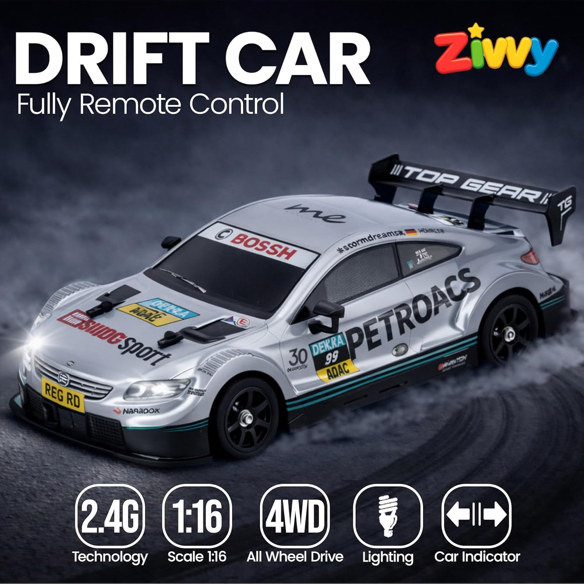 Fully remote control drift car with Ziwvy branding on a dark background
