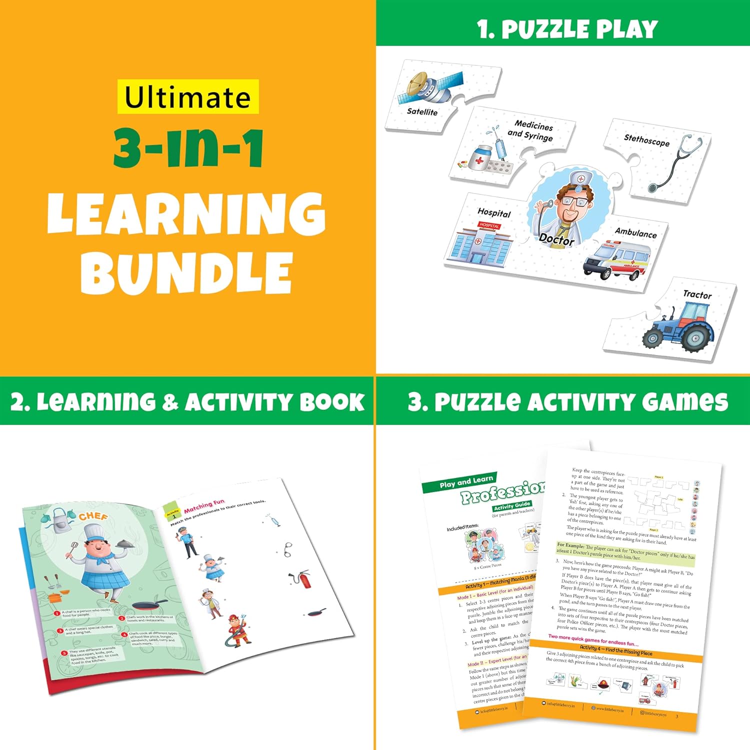 Ultimate 3-in-1 Learning Bundle with puzzle play, learning & activity book, and puzzle activity games on a yellow and green background.