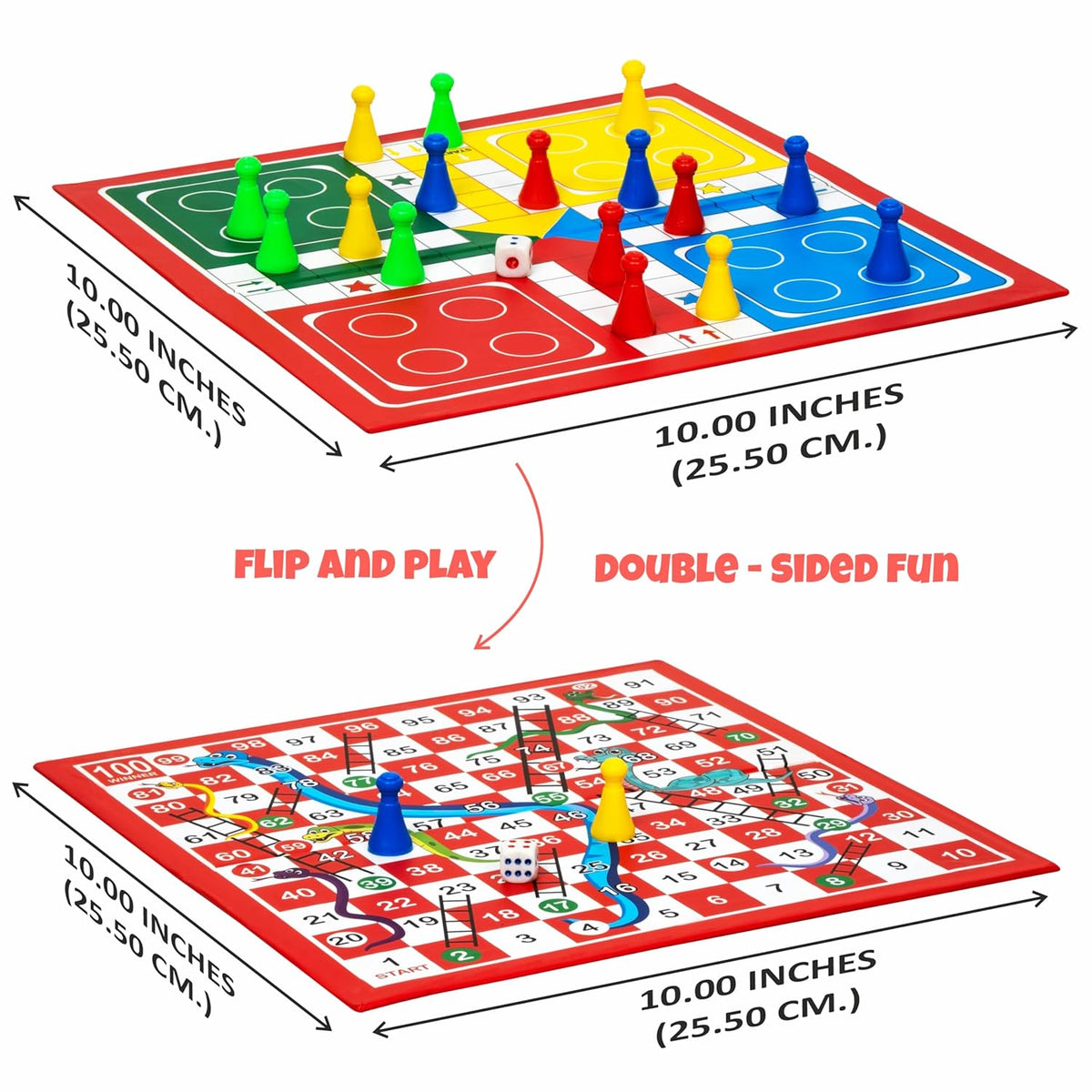 Double-sided board game with colorful pieces and dimensions labeled.