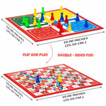 Double-sided board game with colorful pieces and dimensions labeled.