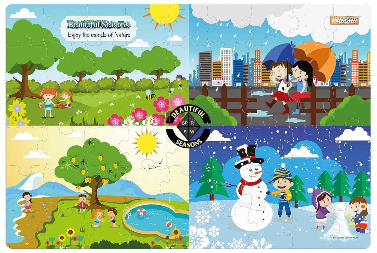 Four seasonal-themed puzzles with children and nature scenes.