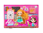 Toy doll in a pink packaging with 'Alia Artist' branding on a white background