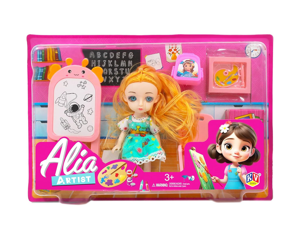 Toy doll in a pink packaging with 'Alia Artist' branding on a white background
