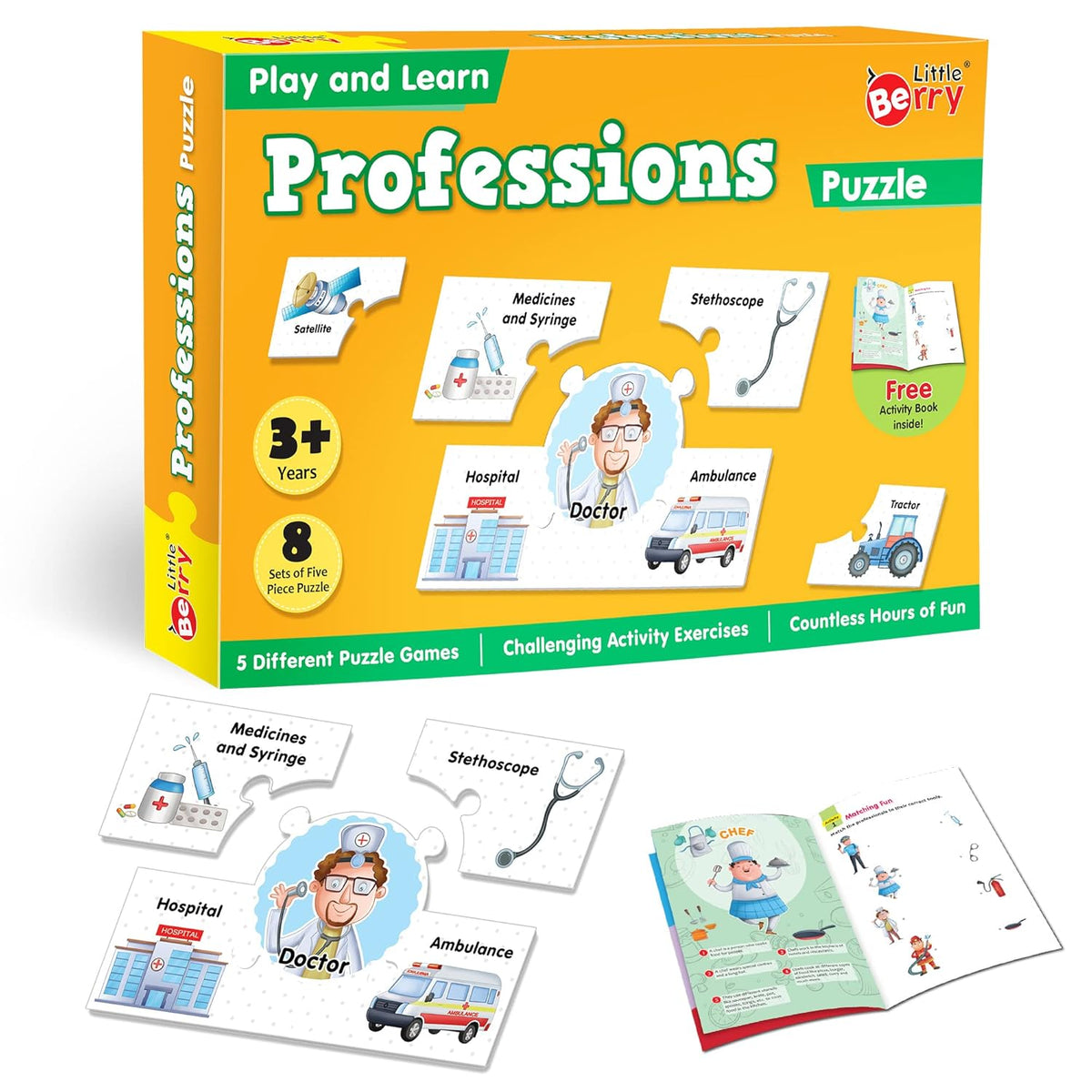 Children's puzzle set packaging with illustrations of professions on a white background