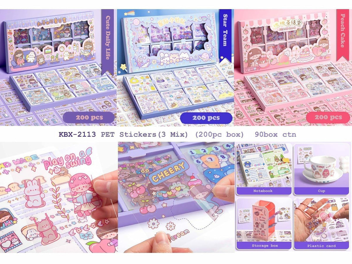 Set of colorful sticker books with various designs and a hand holding a sheet of stickers.