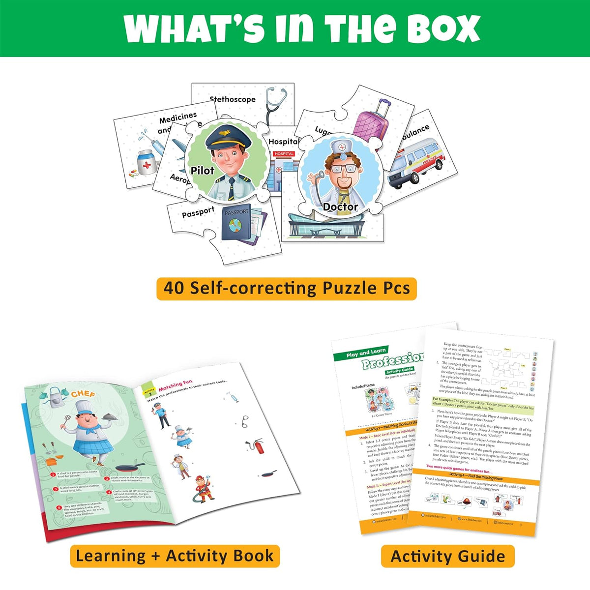 Educational materials including puzzles, a book, and a guide with illustrations and text on a white background.