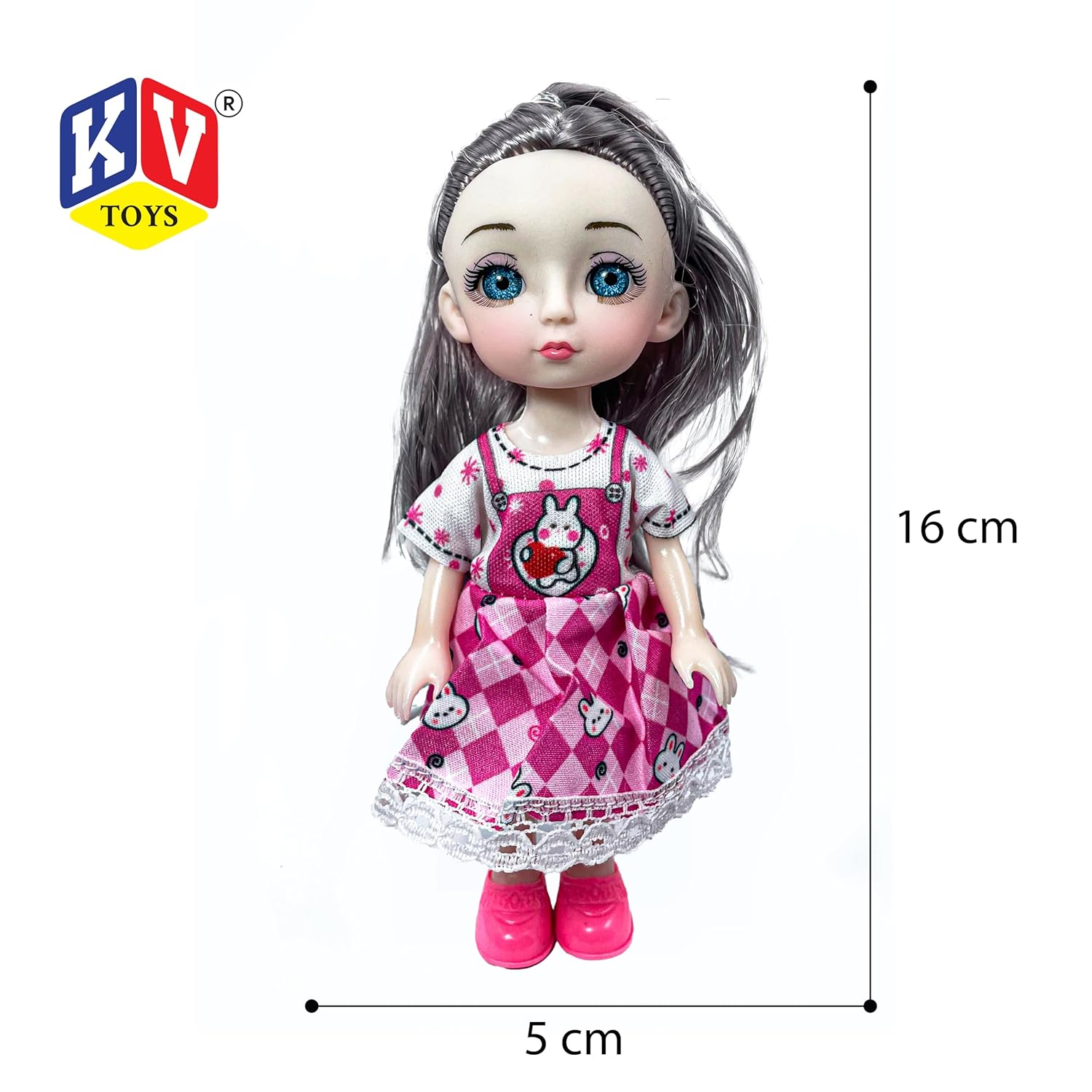 Toy doll with pink checkered dress and measurements on a white background, featuring the KV Toys logo.