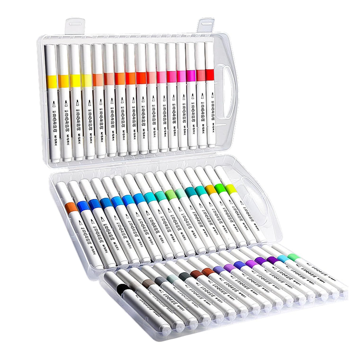 Set of colorful markers in a clear case on a white background