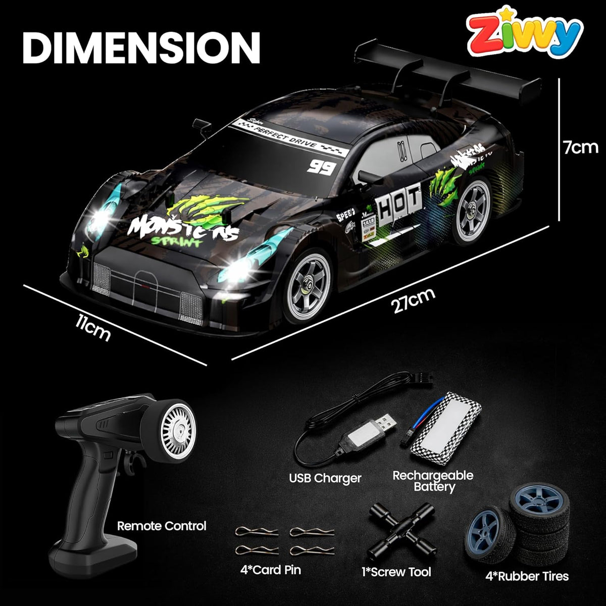 Ziwy remote control car with dimensions and accessories on a black background