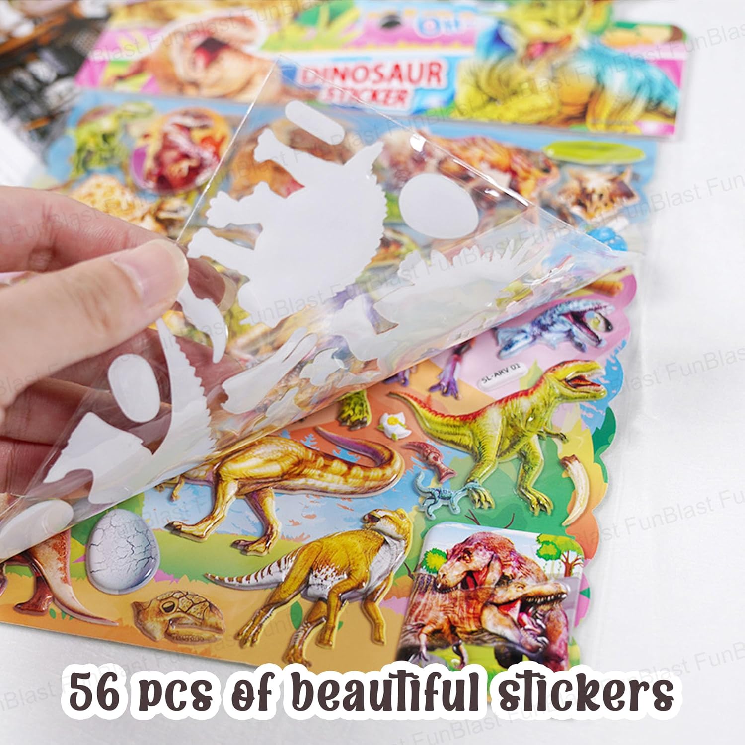 Dinosaur stickers with a hand holding a dinosaur skeleton cutout on a white background.