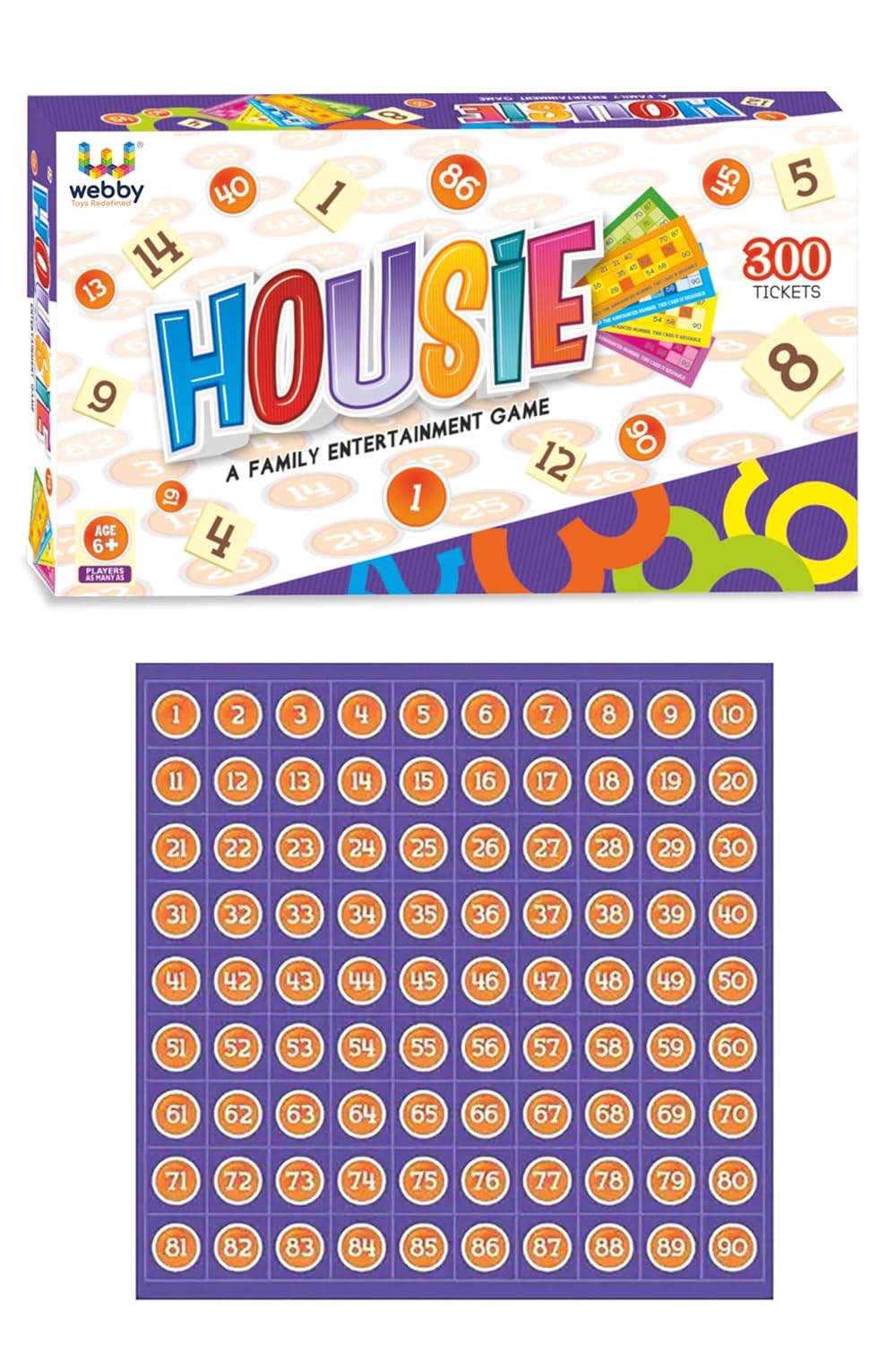 Housie game box with colorful design and number cards on a white background