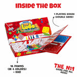 Junior Ludo Snake & Ladders game box with components listed on a white background
